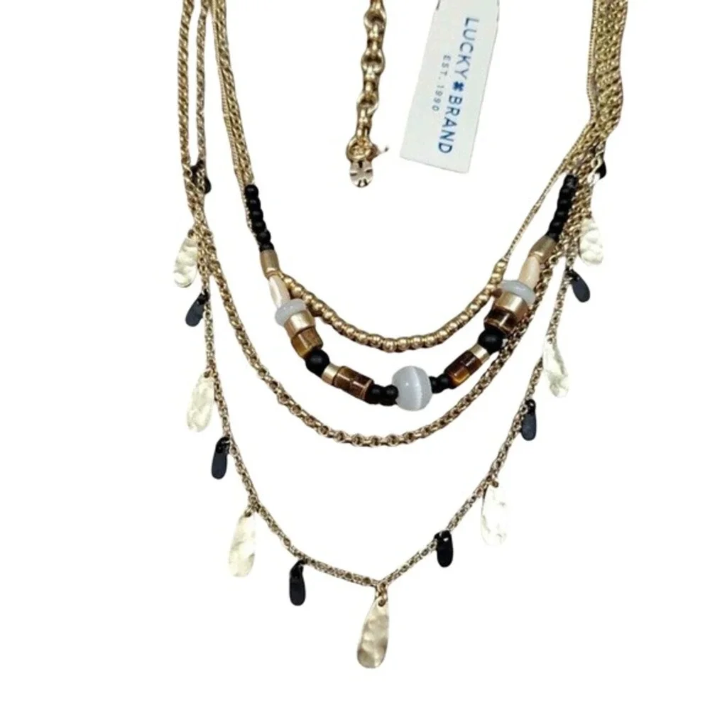 Lucky Brand‎ Gold Tone Layered Multi Strand Beaded Hammered Charm Necklace NWT